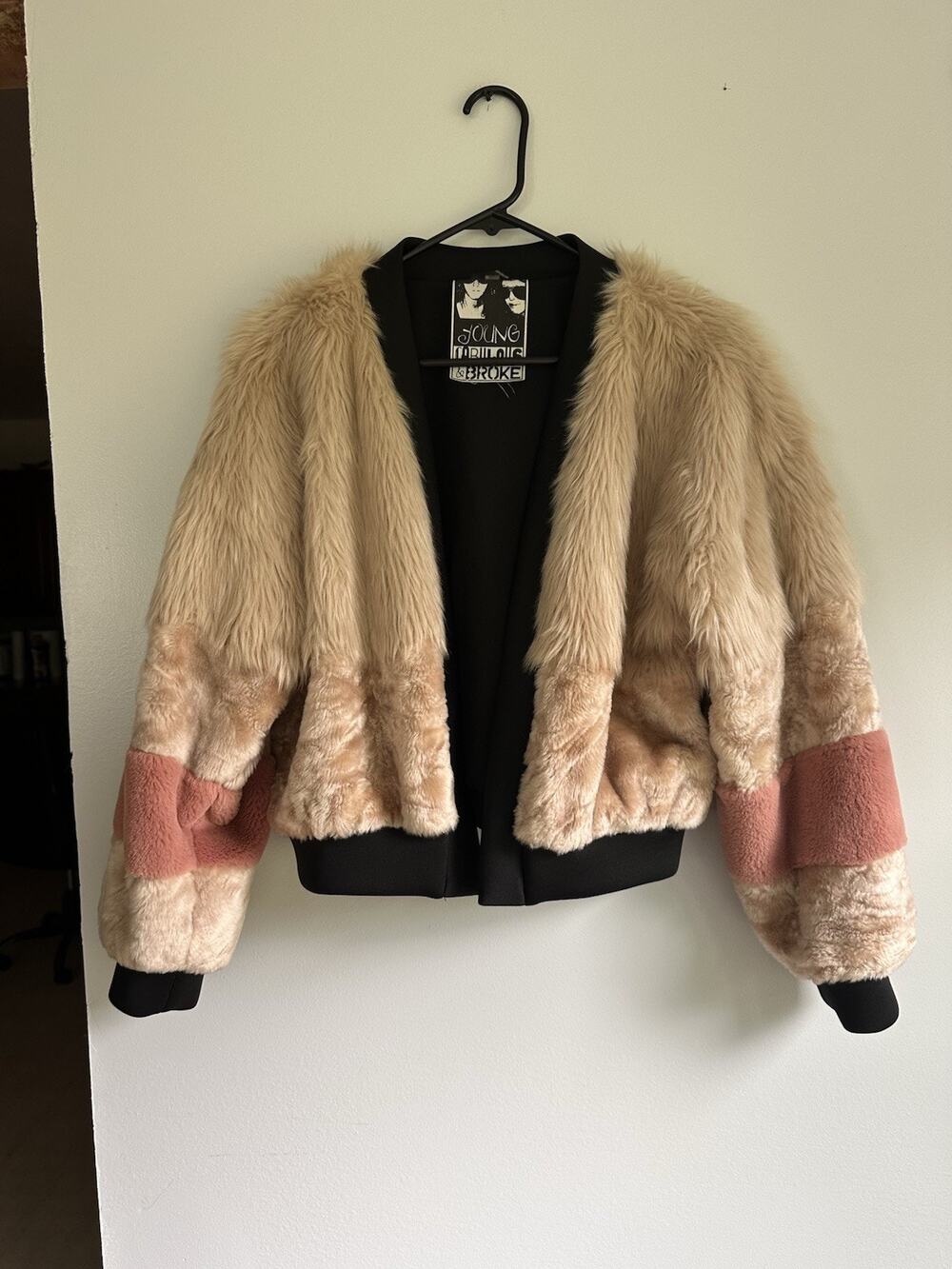 Young, Fabulous, & Broke Blush Pink & Black Striped Faux Fur Bomber Jacket S/M